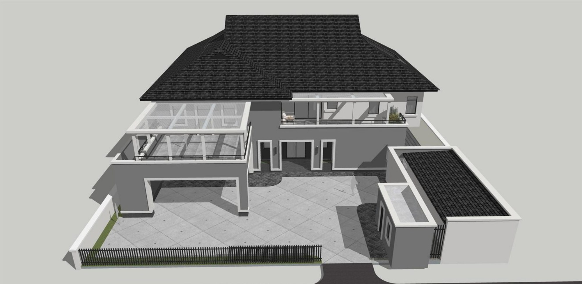 Aerial view of the prototype house showing the private garden, terraces and staff block
