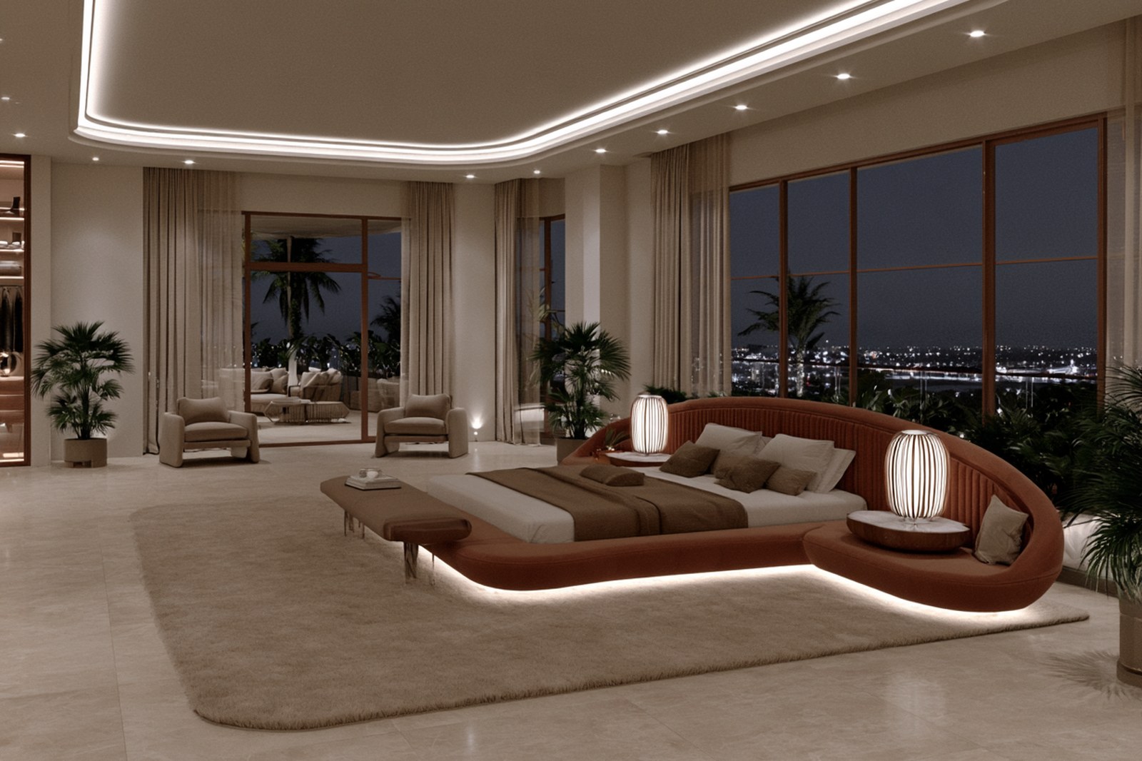 Principal bedroom at night with the dressing room beyond