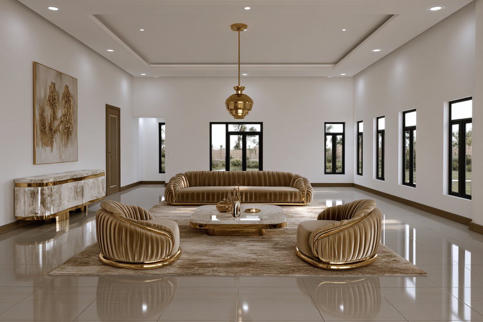 Living room in a champagne velvet and gold scheme
